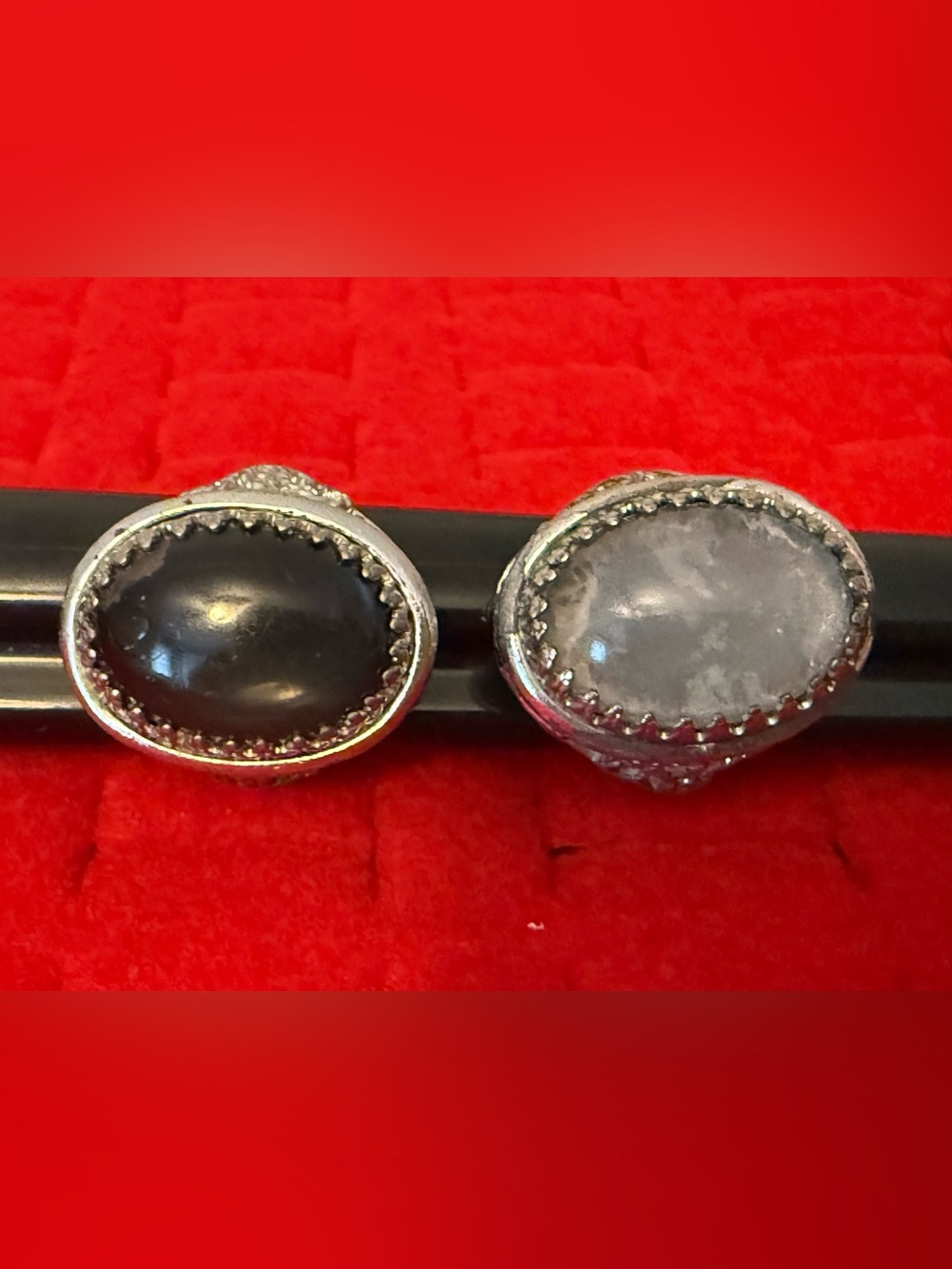 Silvertone Pat. pend Rings with Black and Light Gray Stones
